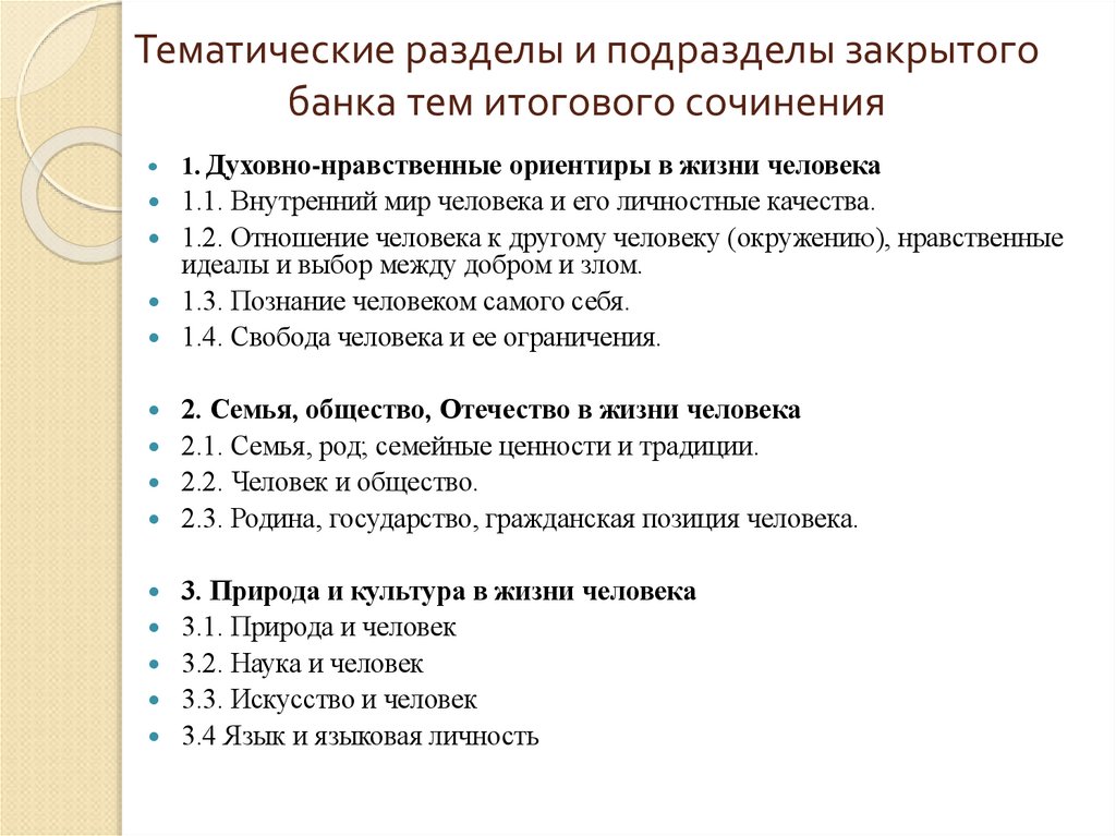 Тематические разделы и подразделы закрытого банка тем итогового сочинения
