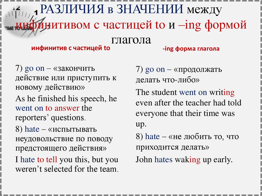РАЗЛИЧИЯ в ЗНАЧЕНИИ между инфинитивом с частицей to и –ing формой глагола