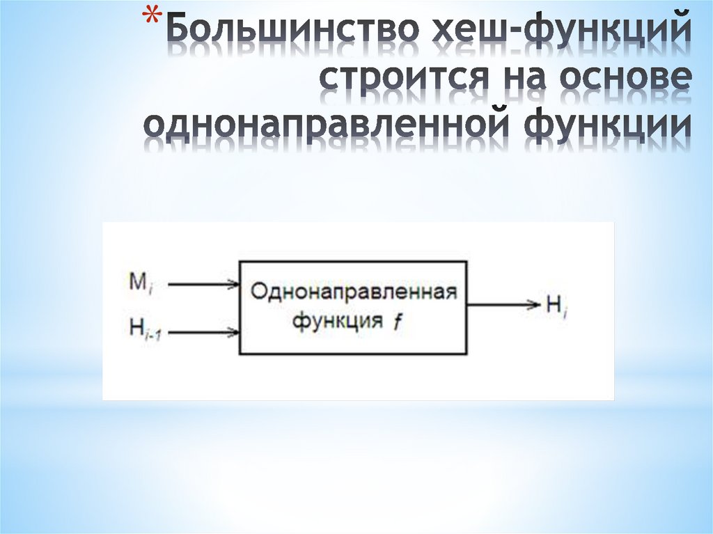Большинство хеш-функций строится на основе однонаправленной функции