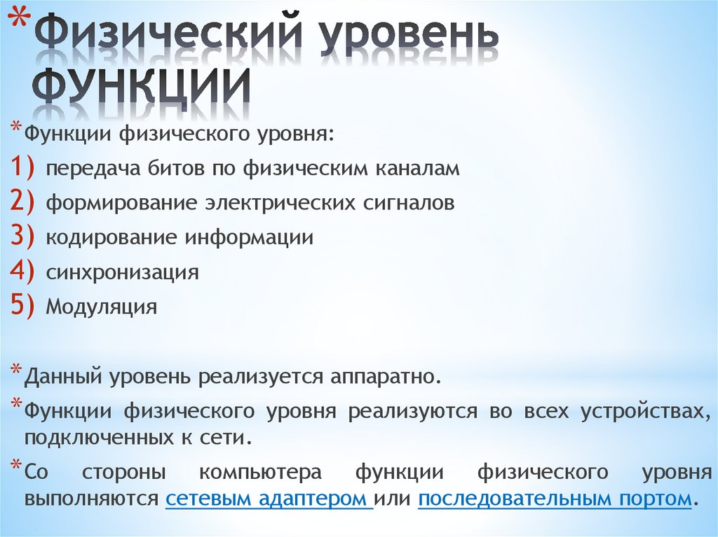 Физический уровень ФУНКЦИИ