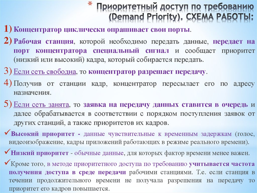Приоритетный доступ по требованию (Demand Priority). СХЕМА РАБОТЫ: