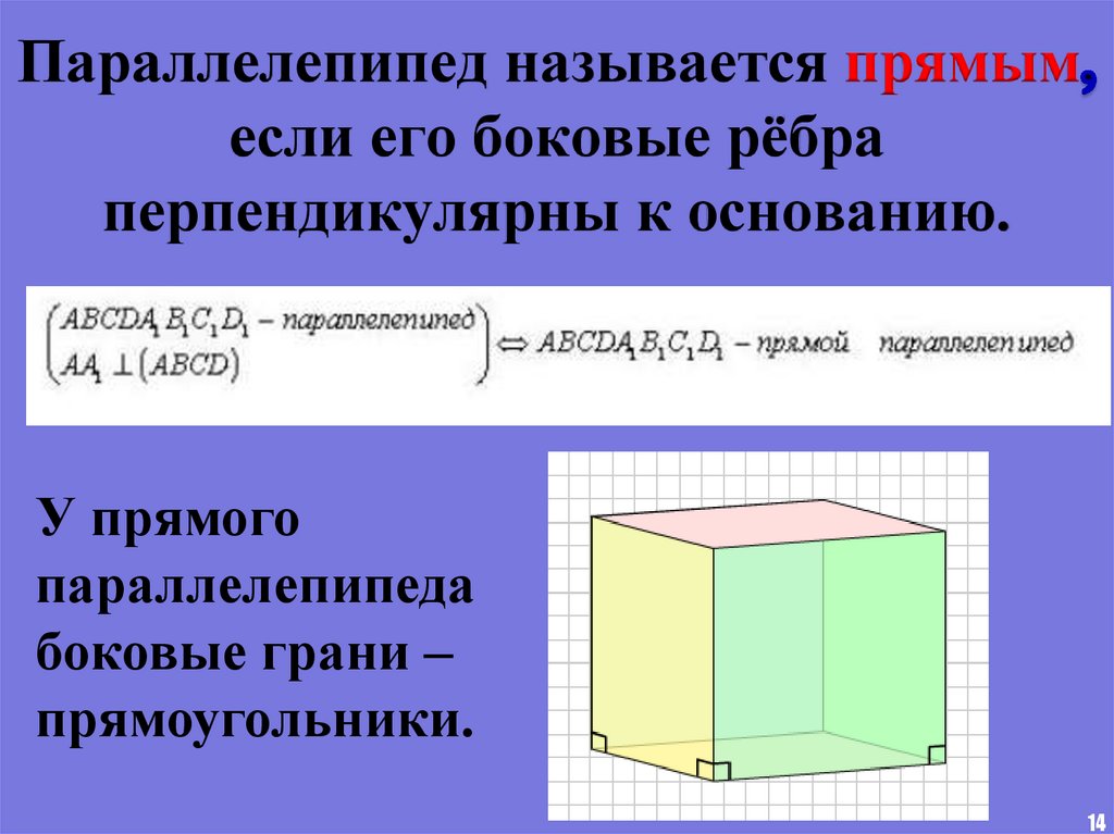 Параллелепипед называется прямым, если его боковые рёбра перпендикулярны к основанию.