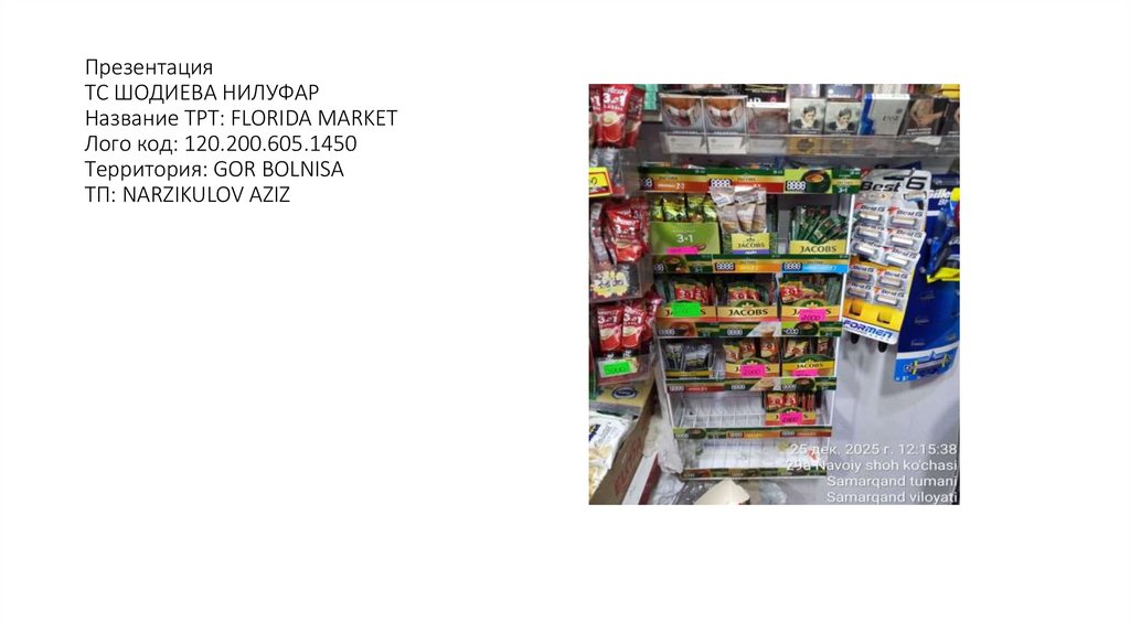 Презентация ТС ШОДИЕВА НИЛУФАР Название ТРТ: FLORIDA MARKET Лого код: 120.200.605.1450 Территория: GOR BOLNISA ТП: NARZIKULOV