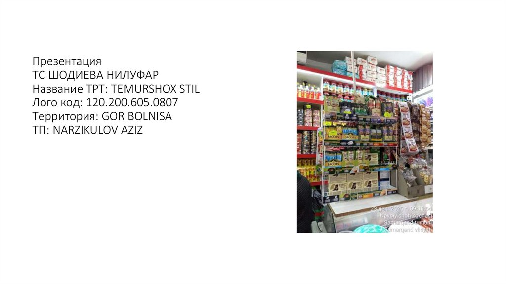 Презентация ТС ШОДИЕВА НИЛУФАР Название ТРТ: TEMURSHOX STIL Лого код: 120.200.605.0807 Территория: GOR BOLNISA ТП: NARZIKULOV