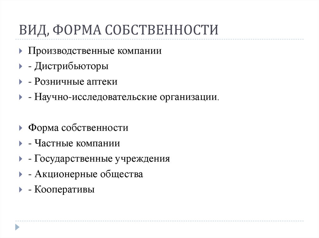 ВИД, ФОРМА СОБСТВЕННОСТИ