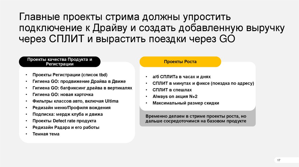В стриме базового продукта в Q4 фокусы – Conversion rate регистрации и проекты роста