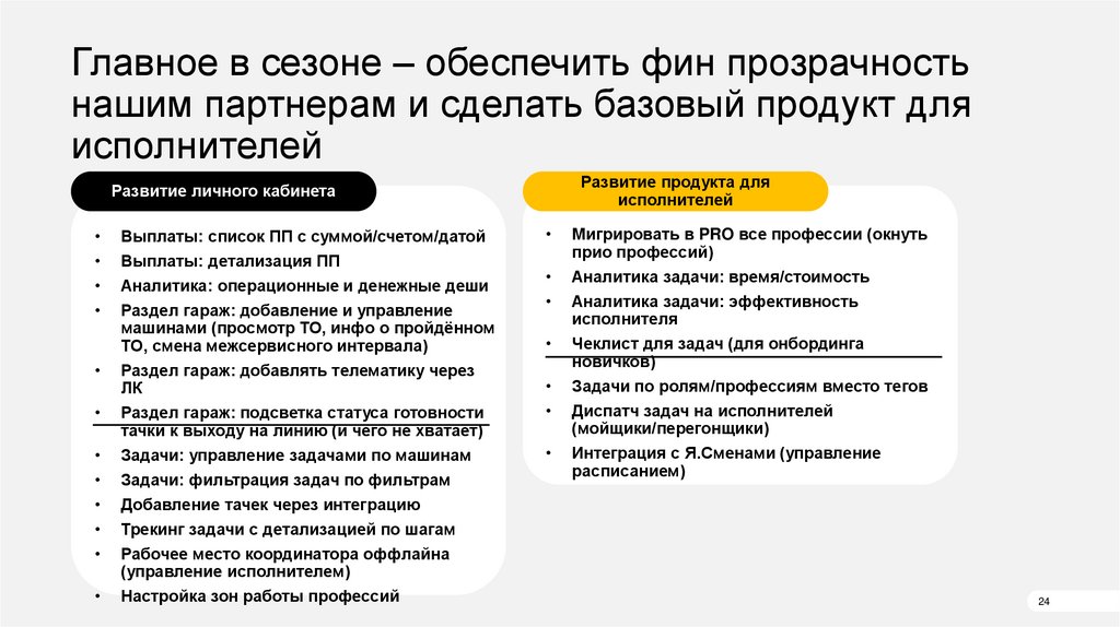 В стриме работы с автопарком в Q4 фокусы – развитие личного кабинета и продукта для исполнителей всех профессий