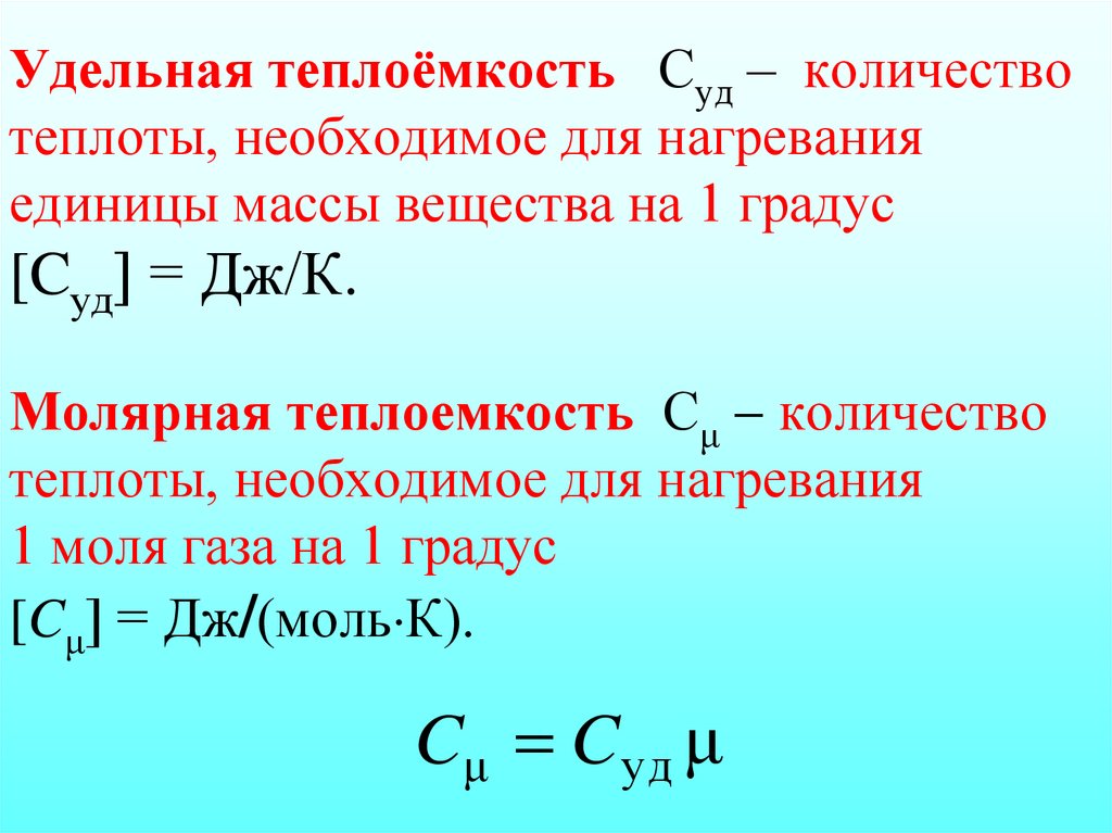 Удельная теплоёмкость Суд – количество теплоты, необходимое для нагревания единицы массы вещества на 1 градус [Cуд] = Дж/К.