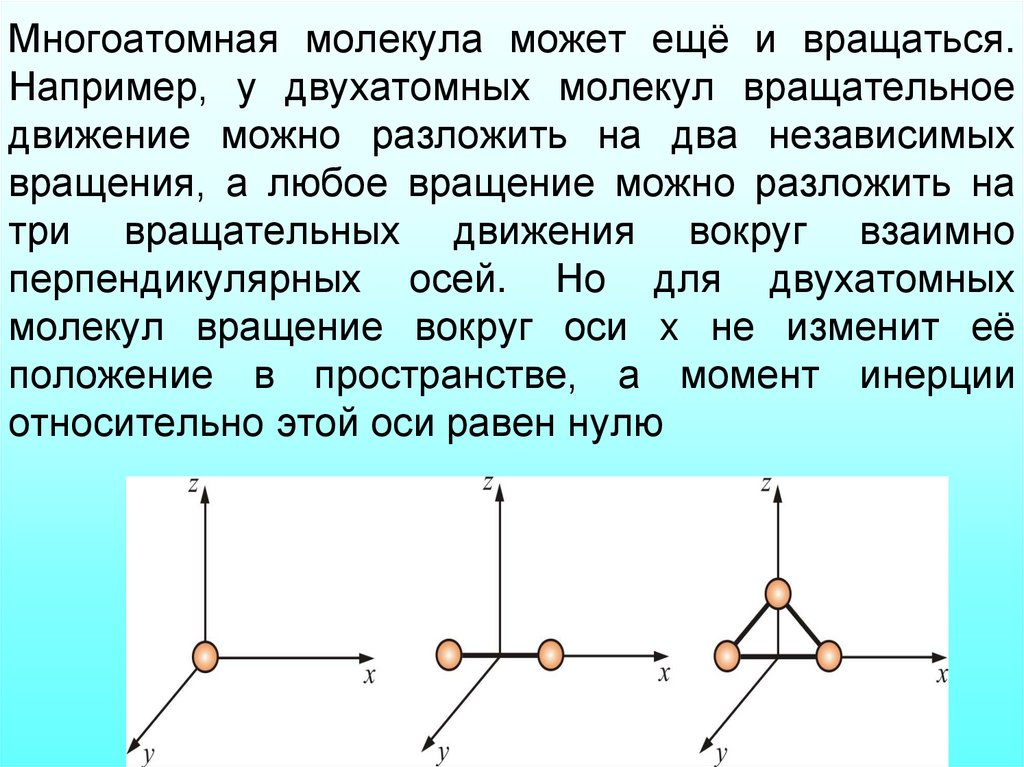 Многоатомная молекула может ещё и вращаться. Например, у двухатомных молекул вращательное движение можно разложить на два
