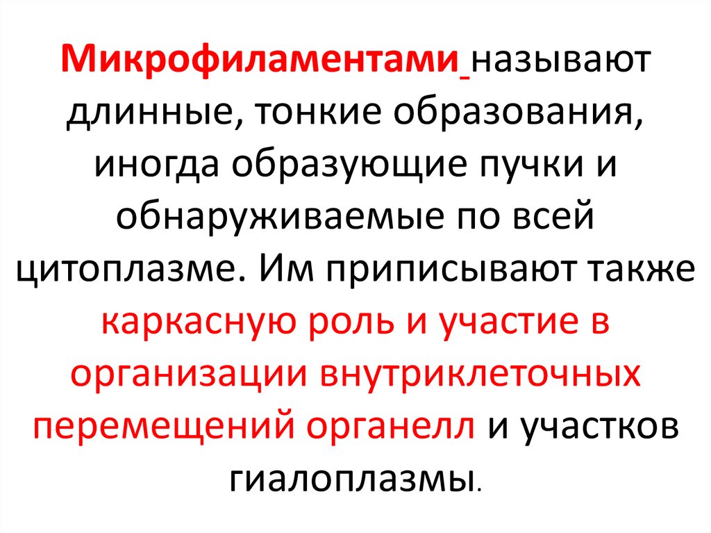Микрофиламентами называют длинные, тонкие образования, иногда образующие пучки и обнаруживаемые по всей цитоплазме. Им