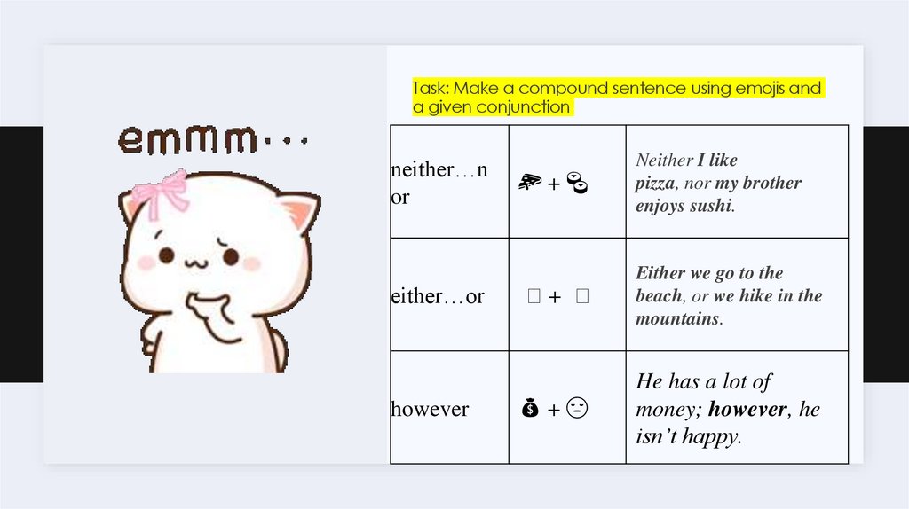 Task: Make a compound sentence using emojis and a given conjunction