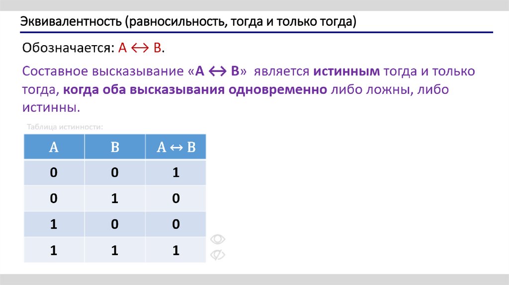 Эквивалентность (равносильность, тогда и только тогда)