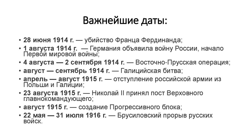 Важнейшие даты: