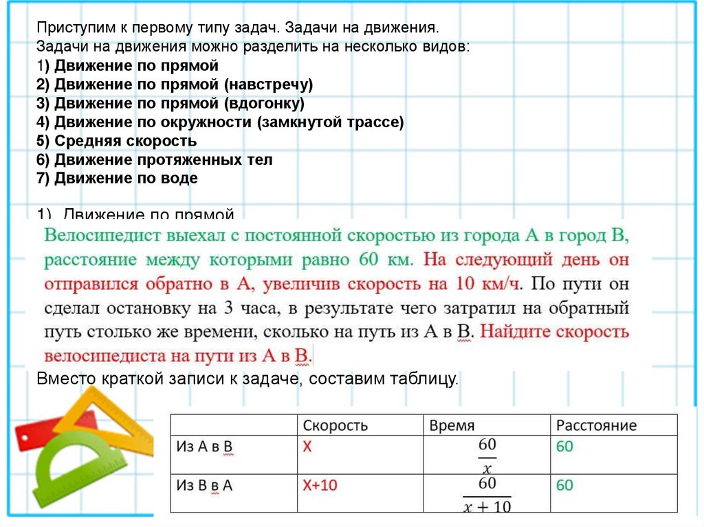Приступим к первому типу задач. Задачи на движения. Задачи на движения можно разделить на несколько видов: 1) Движение по