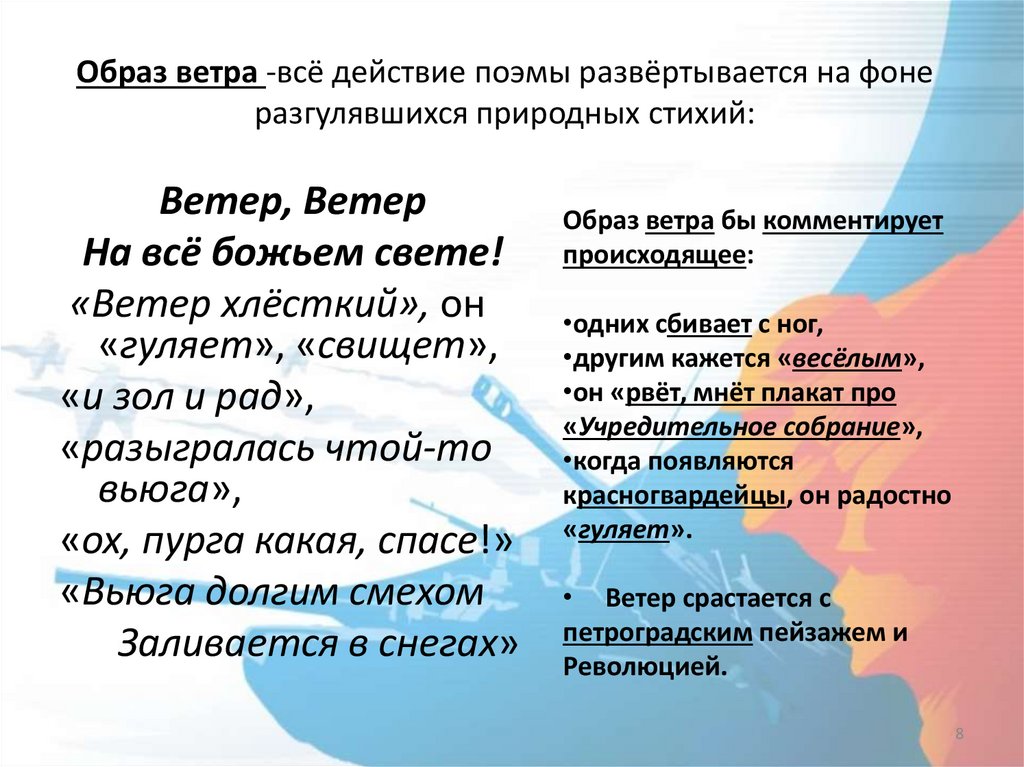Образ ветра -всё действие поэмы развёртывается на фоне разгулявшихся природных стихий: