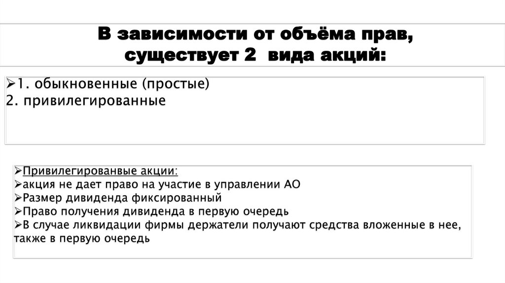 В зависимости от объёма прав, существует 2 вида акций:
