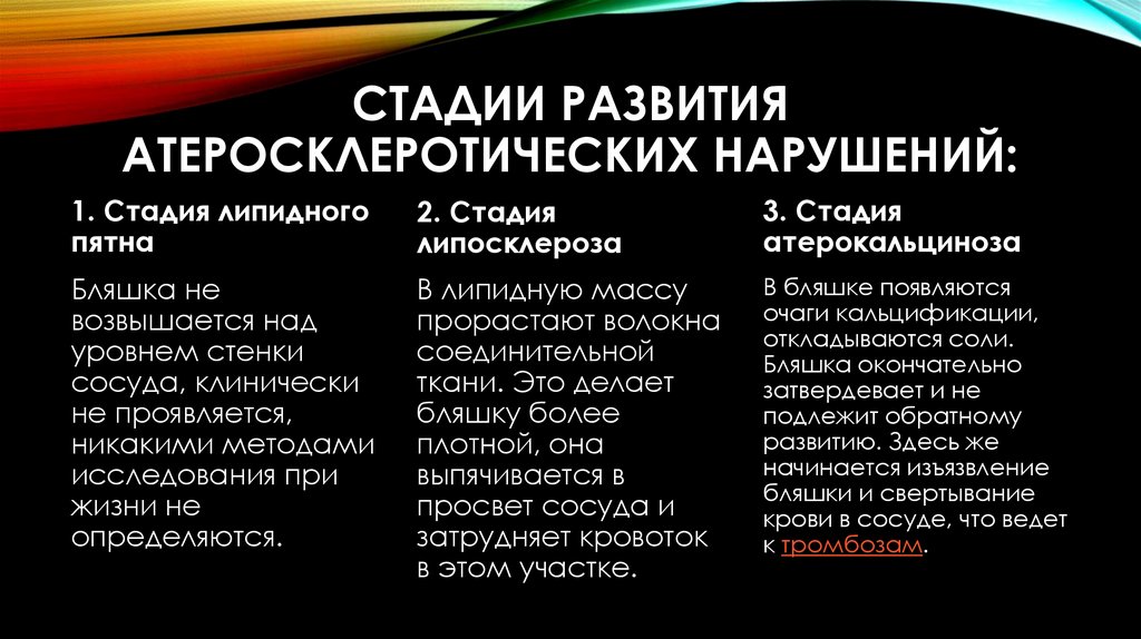 Стадии развития атеросклеротических нарушений: