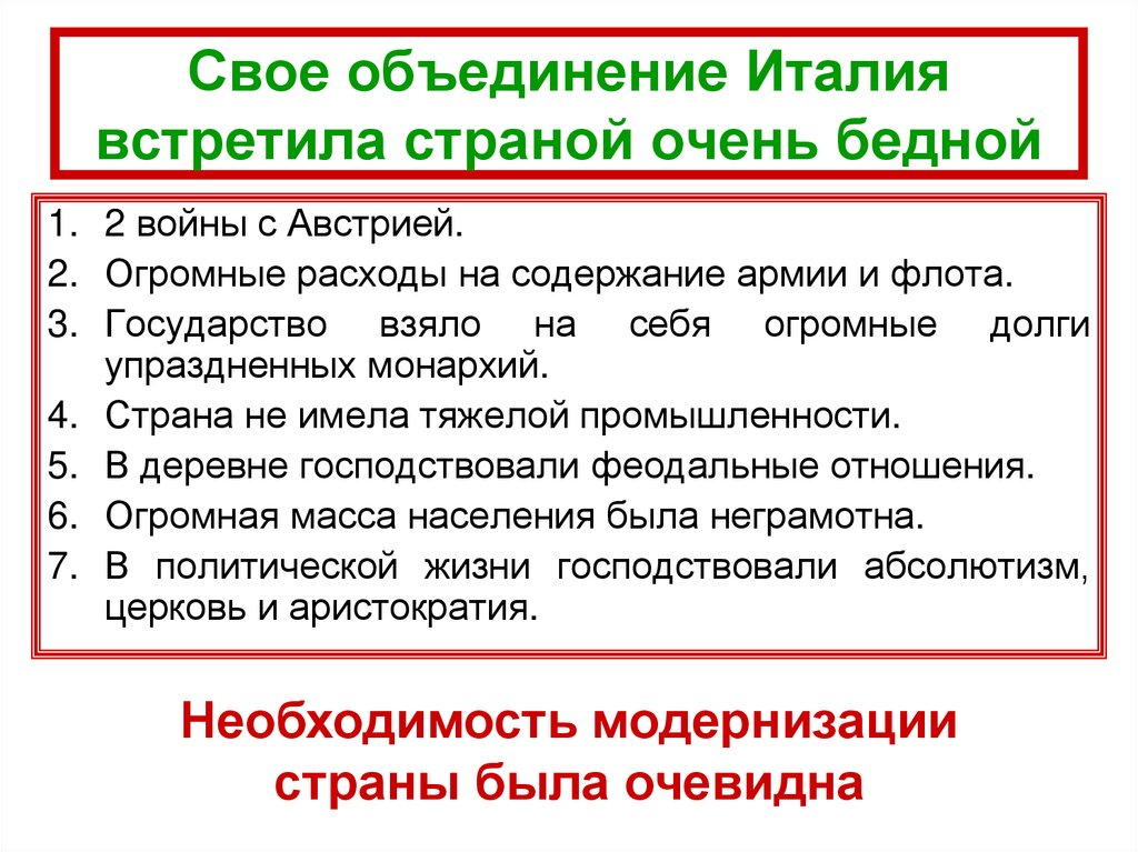 Свое объединение Италия встретила страной очень бедной