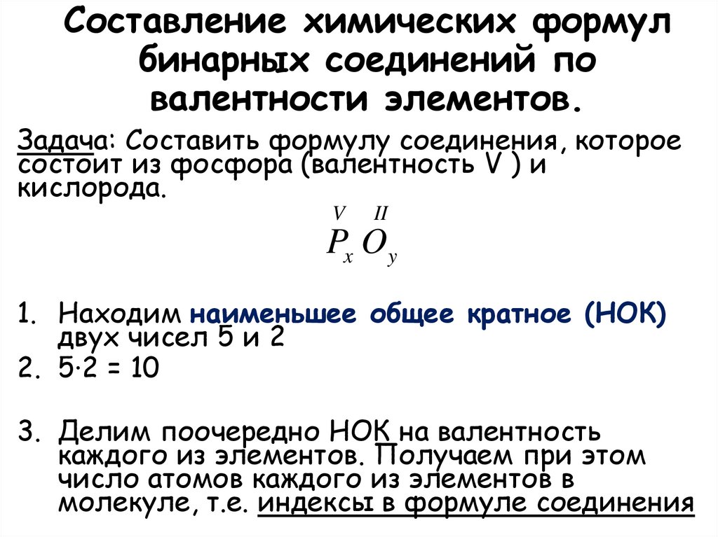 Cоставление химических формул бинарных соединений по валентности элементов.
