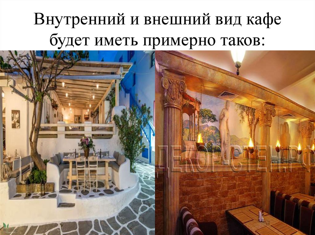 Внутренний и внешний вид кафе будет иметь примерно таков: