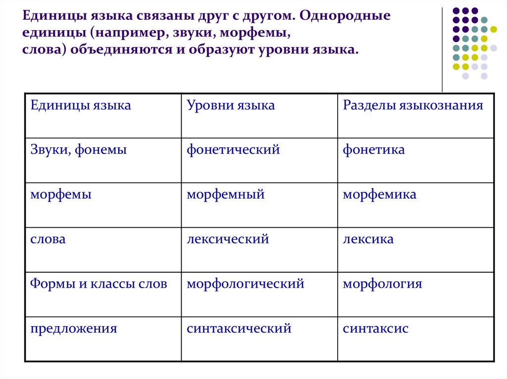 Единицы языка связаны друг с другом. Однородные единицы (например, звуки, морфемы, слова) объединяются и образуют уровни языка.