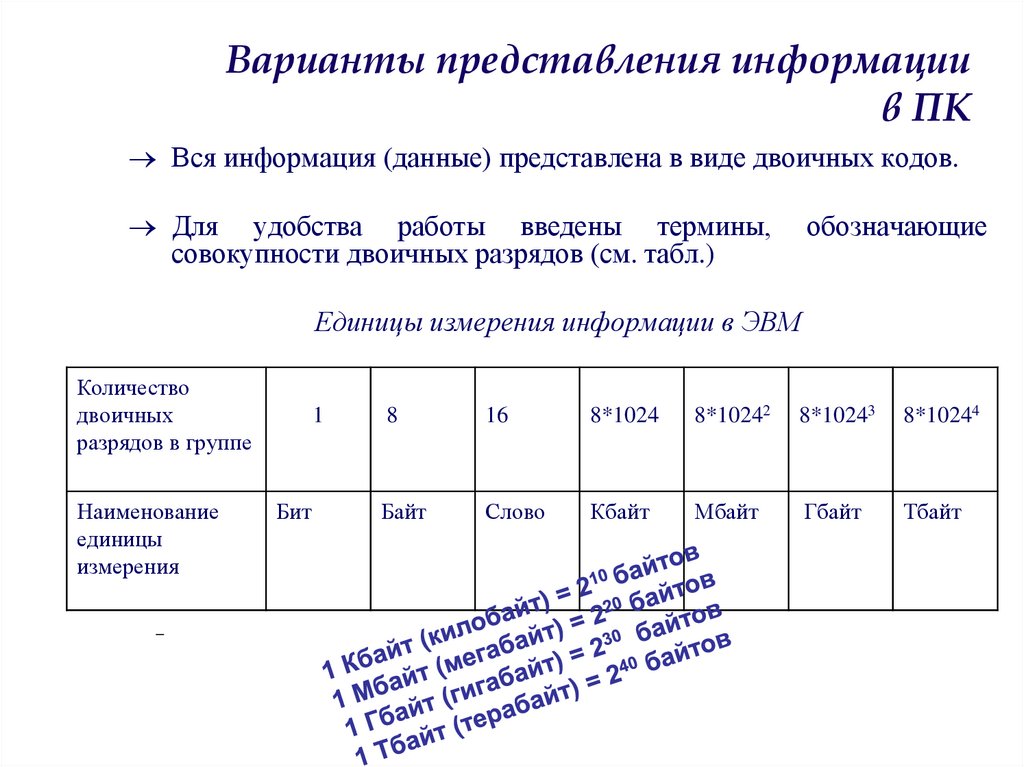 Варианты представления информации в ПК