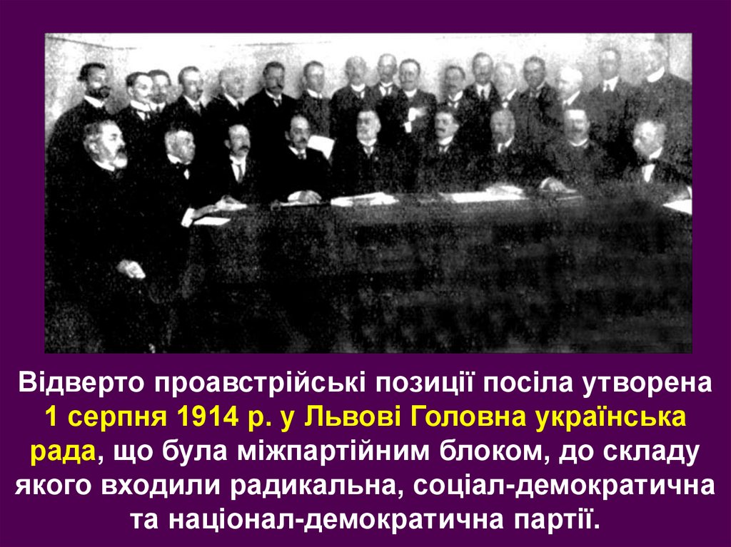 Відверто проавстрійські позиції посіла утворена 1 серпня 1914 р. у Львові Головна українська рада, що була міжпартійним блоком,