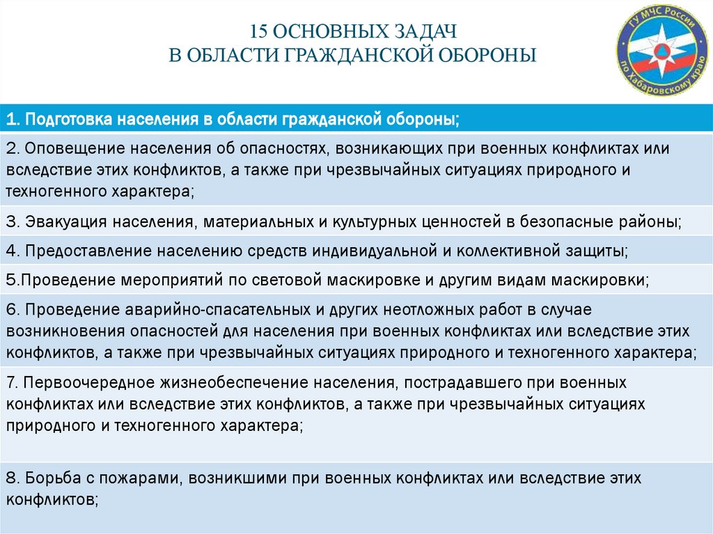 15 основных задач в области гражданской обороны