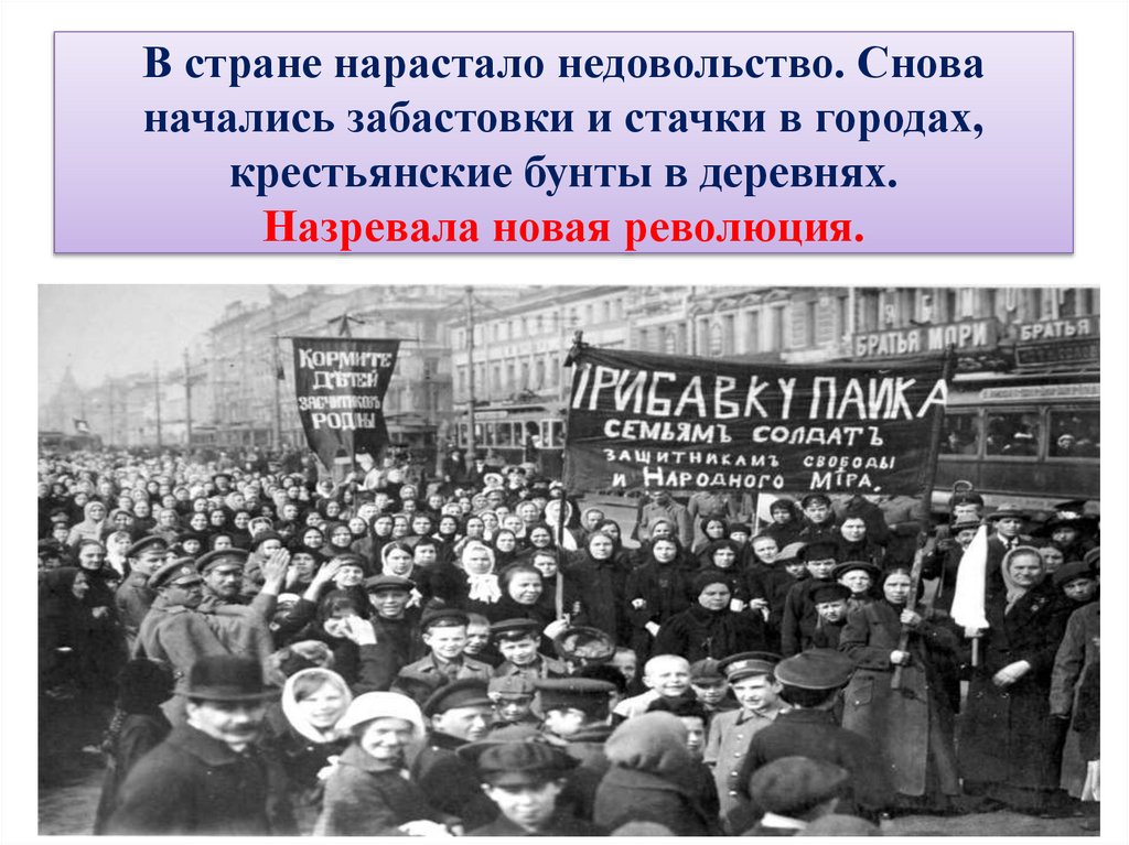 В стране нарастало недовольство. Снова начались забастовки и стачки в городах, крестьянские бунты в деревнях. Назревала новая