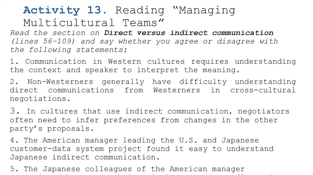 Activity 13. Reading “Managing Multicultural Teams”