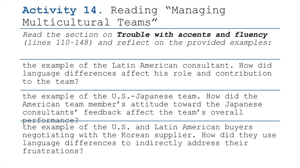 Activity 14. Reading “Managing Multicultural Teams”