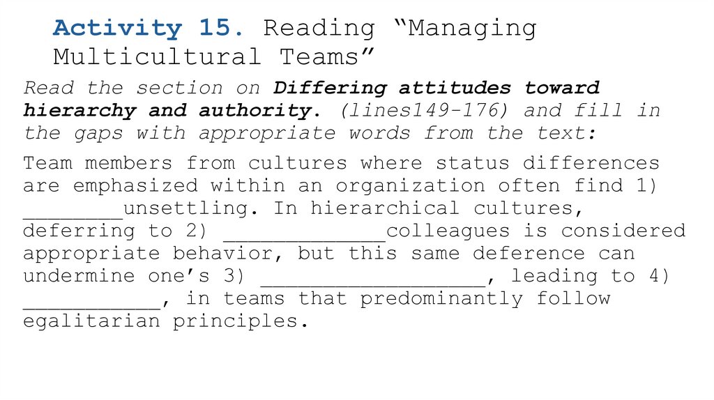 Activity 15. Reading “Managing Multicultural Teams”