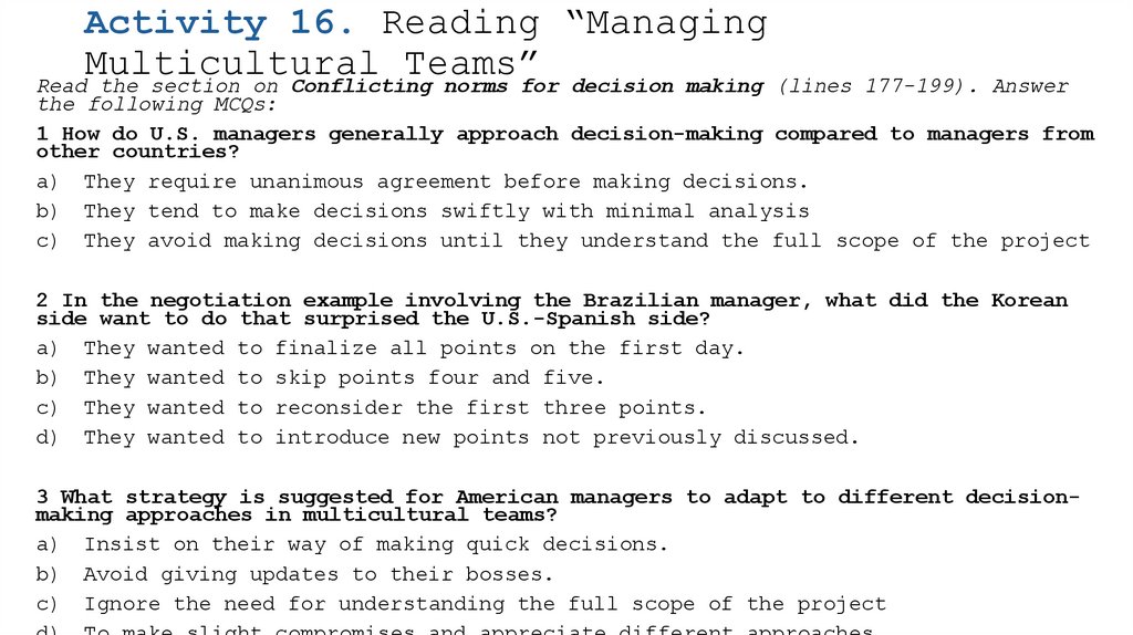 Activity 16. Reading “Managing Multicultural Teams”