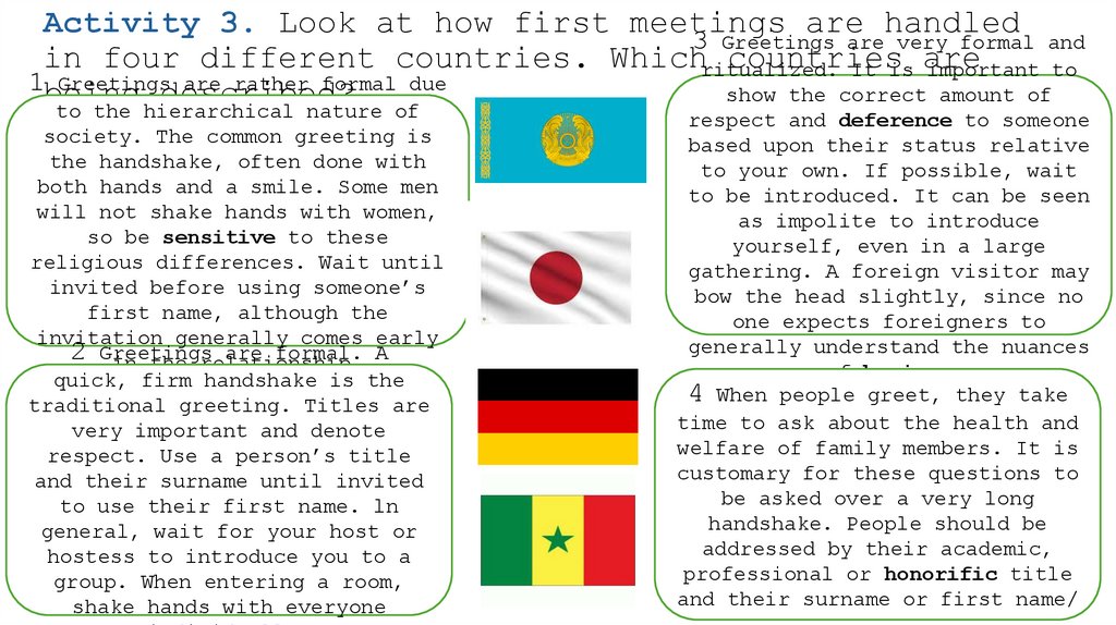 Activity 3. Look at how first meetings are handled in four different countries. Which countries are being described?