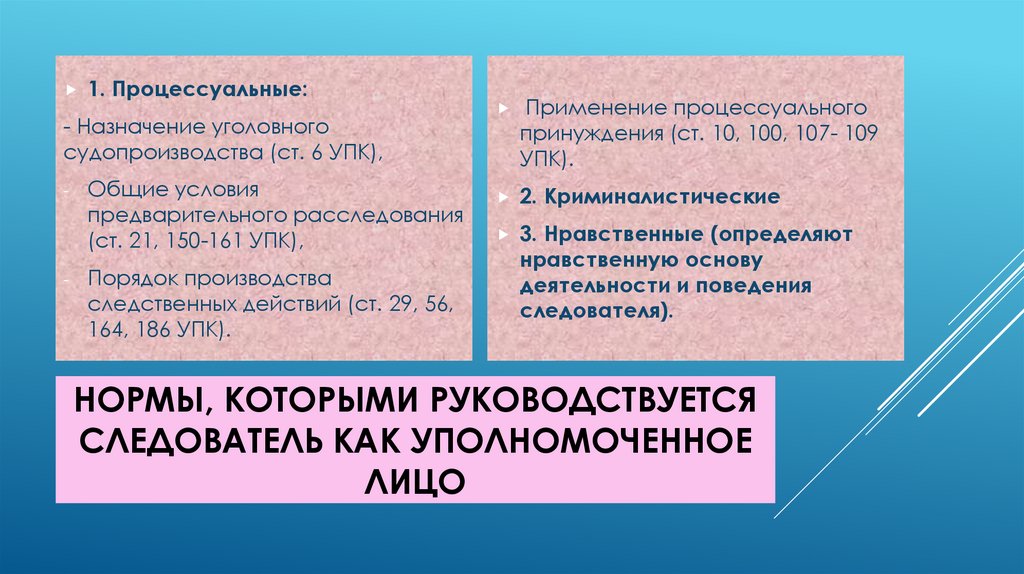 Нормы, которыми руководствуется следователь как уполномоченное лицо