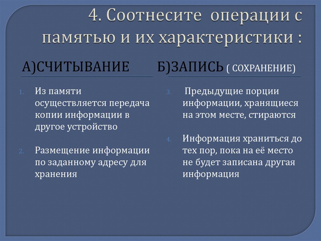 4. Соотнесите операции с памятью и их характеристики :