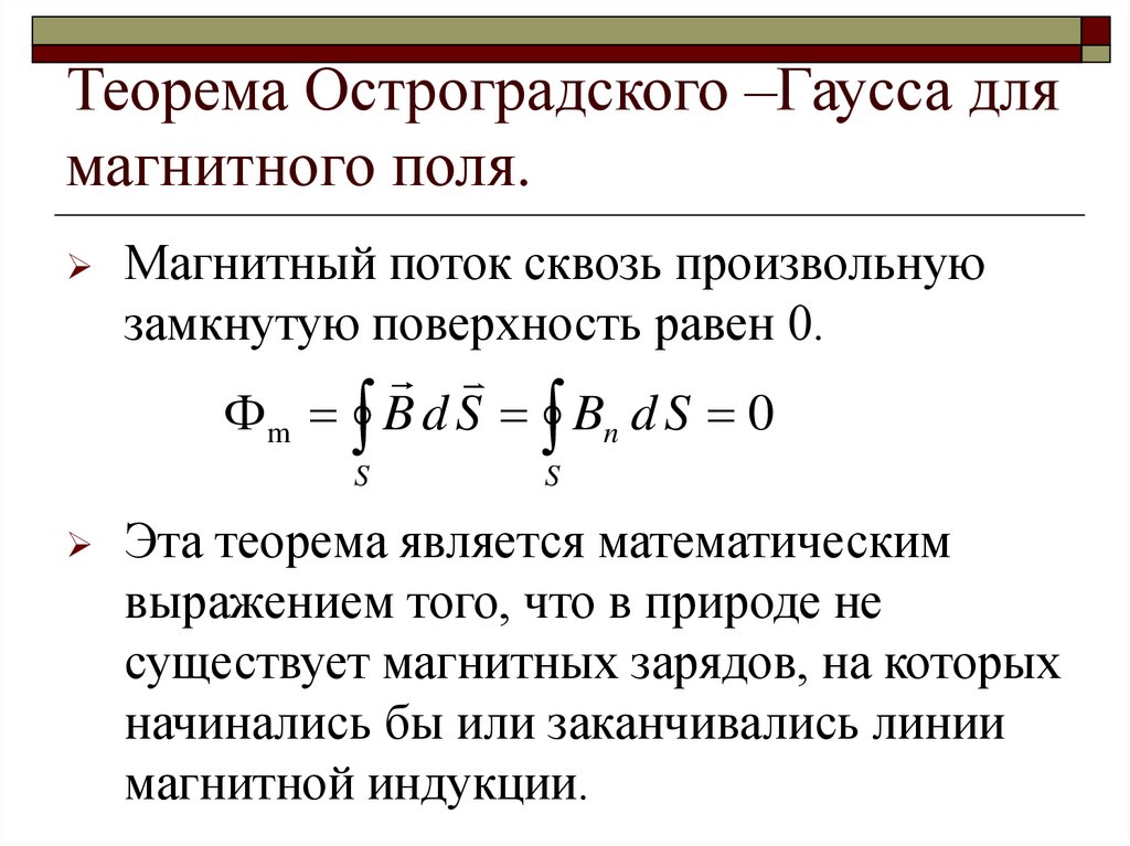 Теорема Остроградского –Гаусса для магнитного поля.