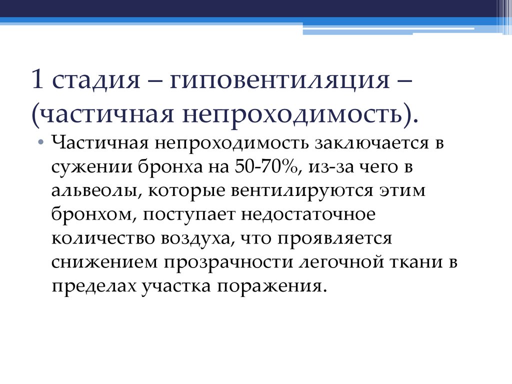 1 стадия – гиповентиляция –(частичная непроходимость).
