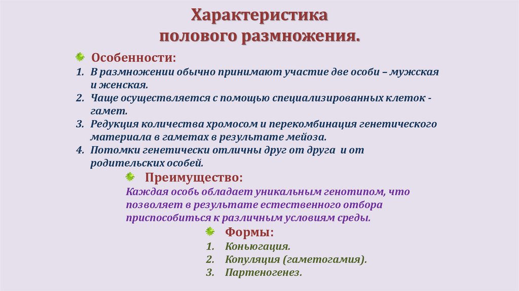 Характеристика полового размножения.