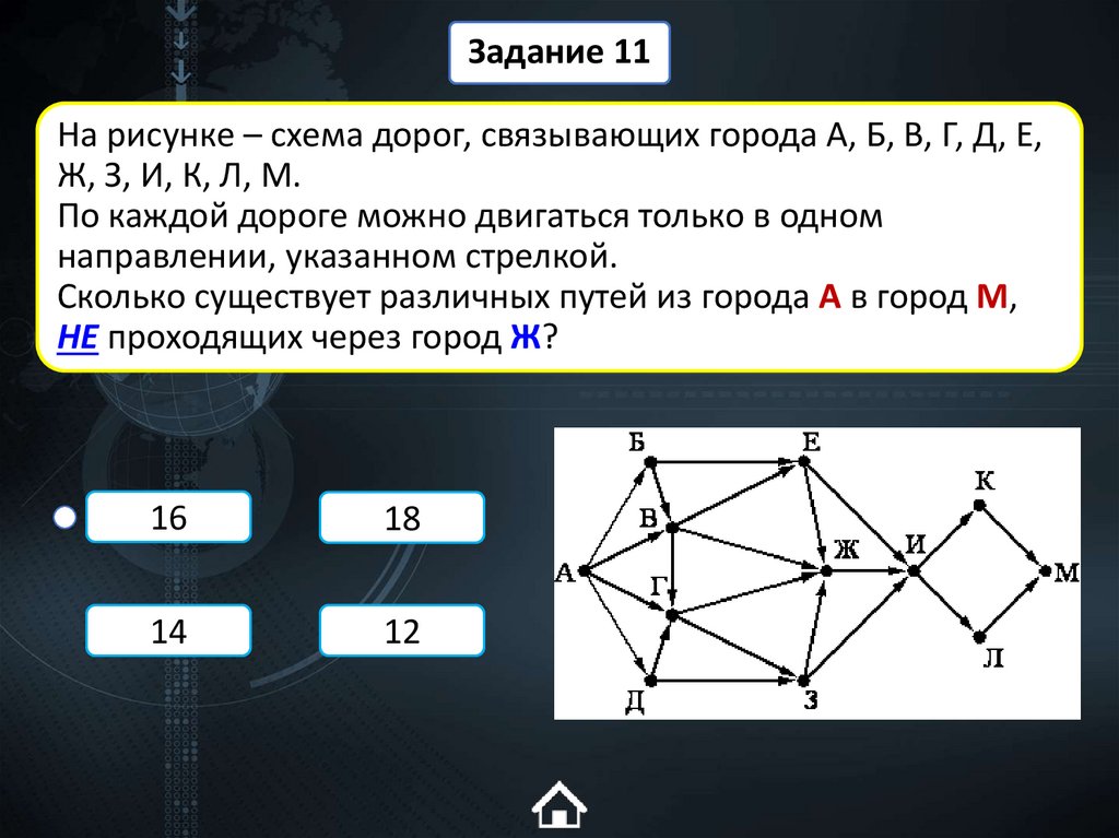 На рисунке – схема дорог, связывающих города А, Б, В, Г, Д, Е, Ж, З, И, К, Л, М. По каждой дороге можно двигаться только в