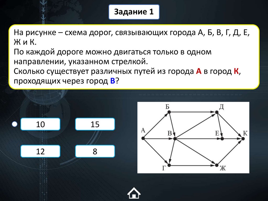 На рисунке – схема дорог, связывающих города А, Б, В, Г, Д, Е, Ж и К. По каждой дороге можно двигаться только в одном