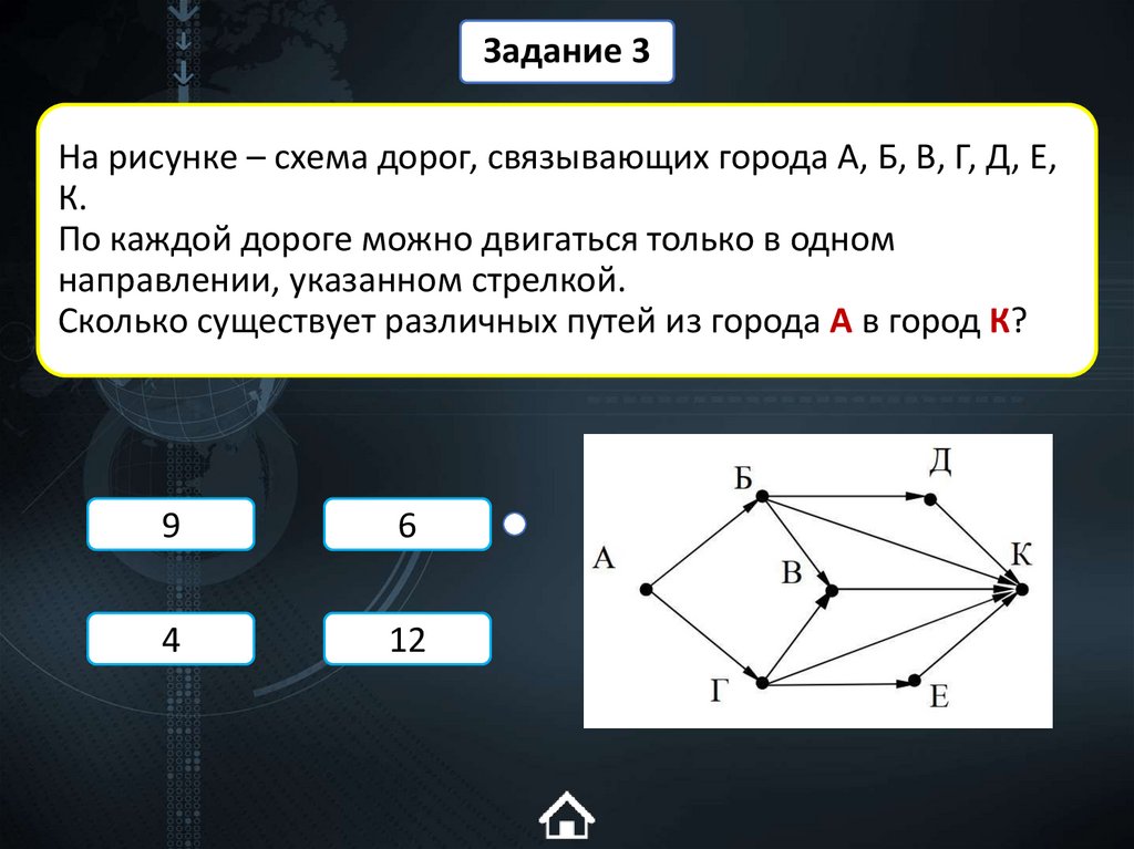 На рисунке – схема дорог, связывающих города А, Б, В, Г, Д, Е, К. По каждой дороге можно двигаться только в одном направлении,