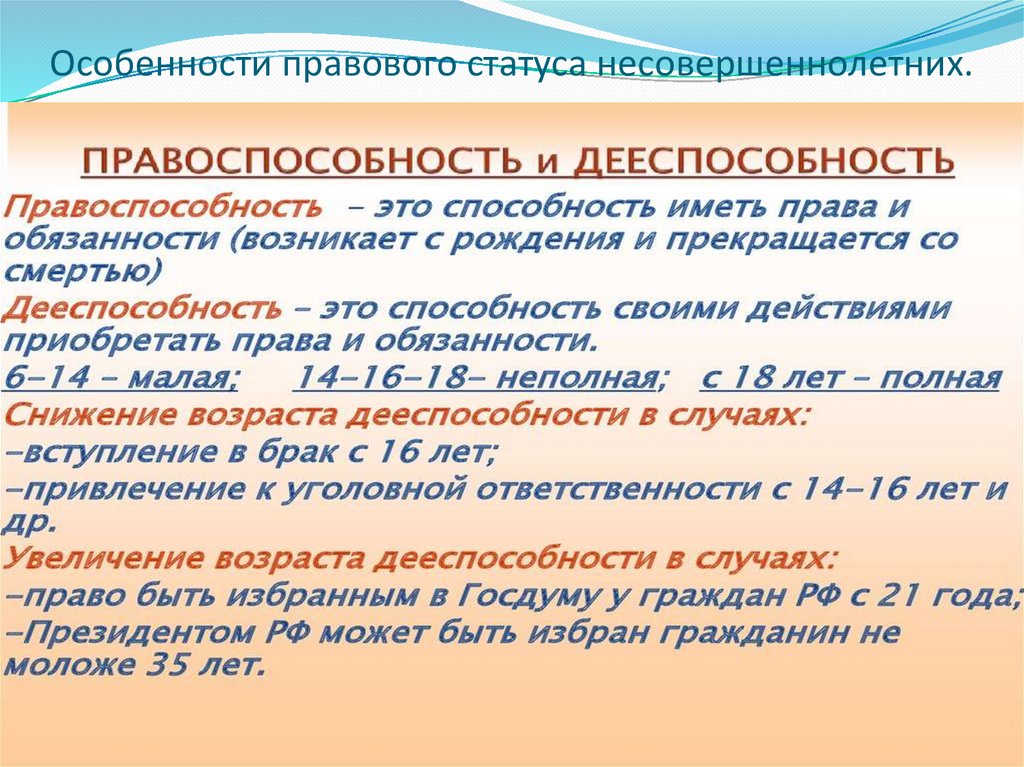 Особенности правового статуса несовершеннолетних.