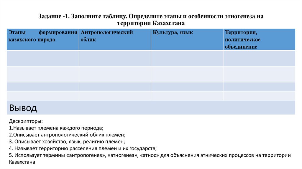 Задание -1. Заполните таблицу. Определите этапы и особенности этногенеза на территории Казахстана