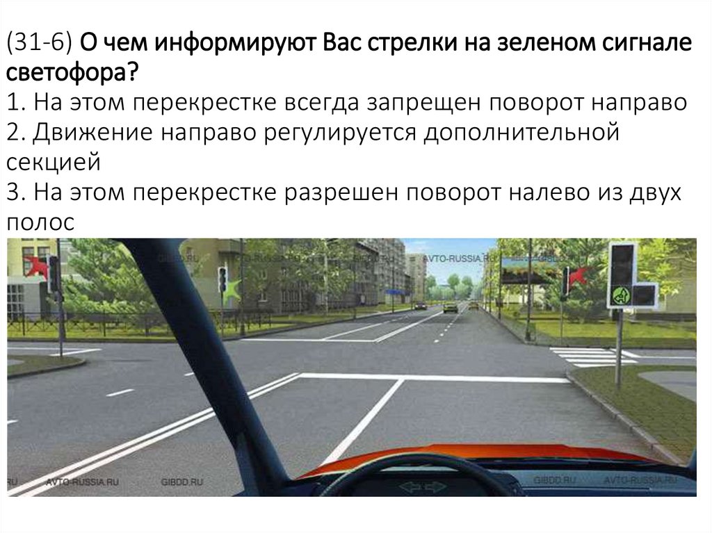 (31-6) О чем информируют Вас стрелки на зеленом сигнале светофора? 1. На этом перекрестке всегда запрещен поворот направо 2.