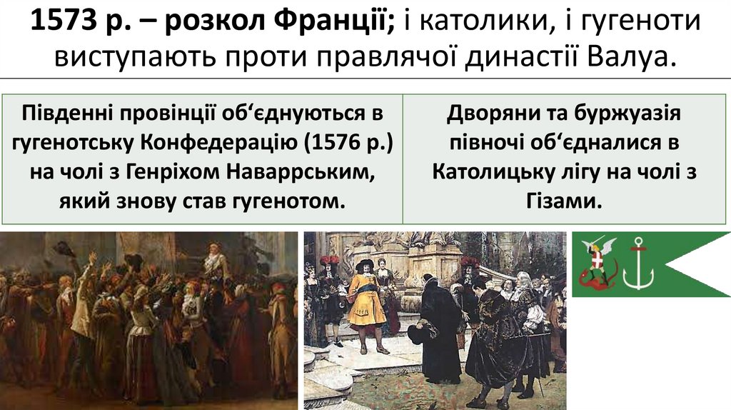 1573 р. – розкол Франції; і католики, і гугеноти виступають проти правлячої династії Валуа.