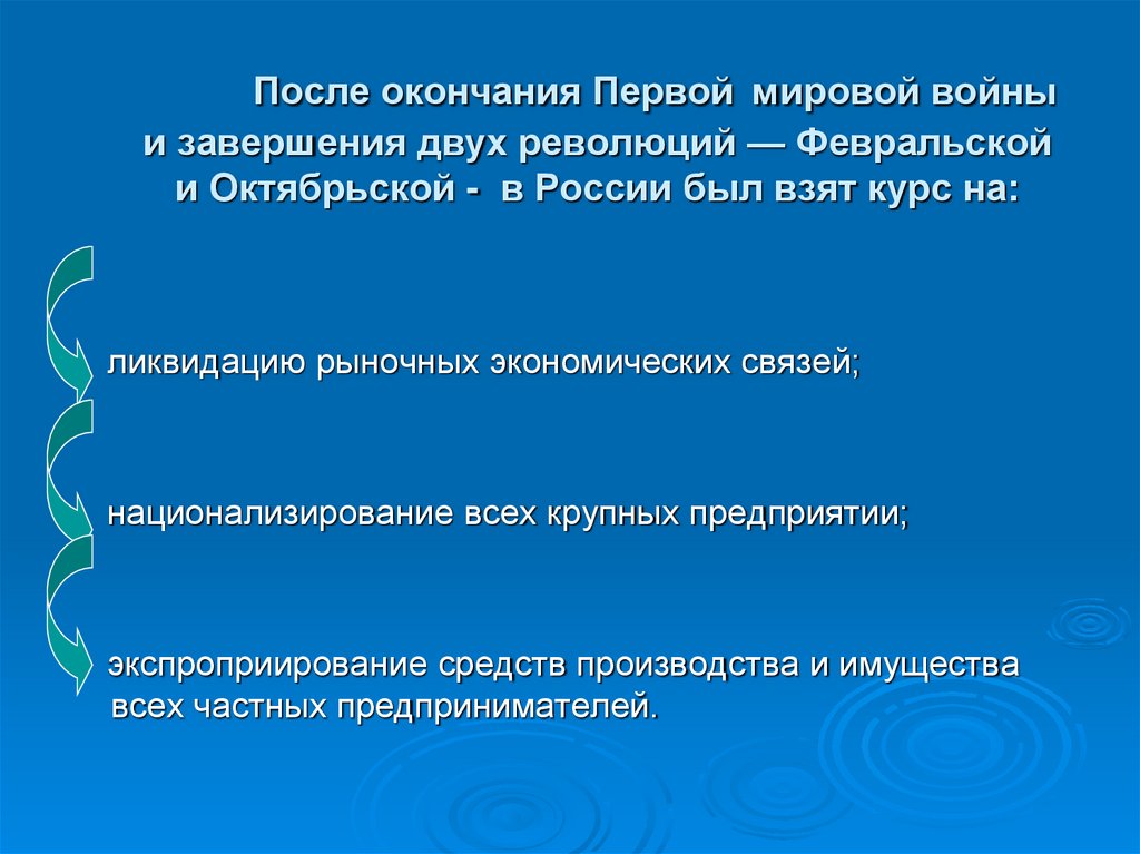 После окончания Первой мировой войны и завершения двух революций — Февральской и Октябрьской - в России был взят курс на: