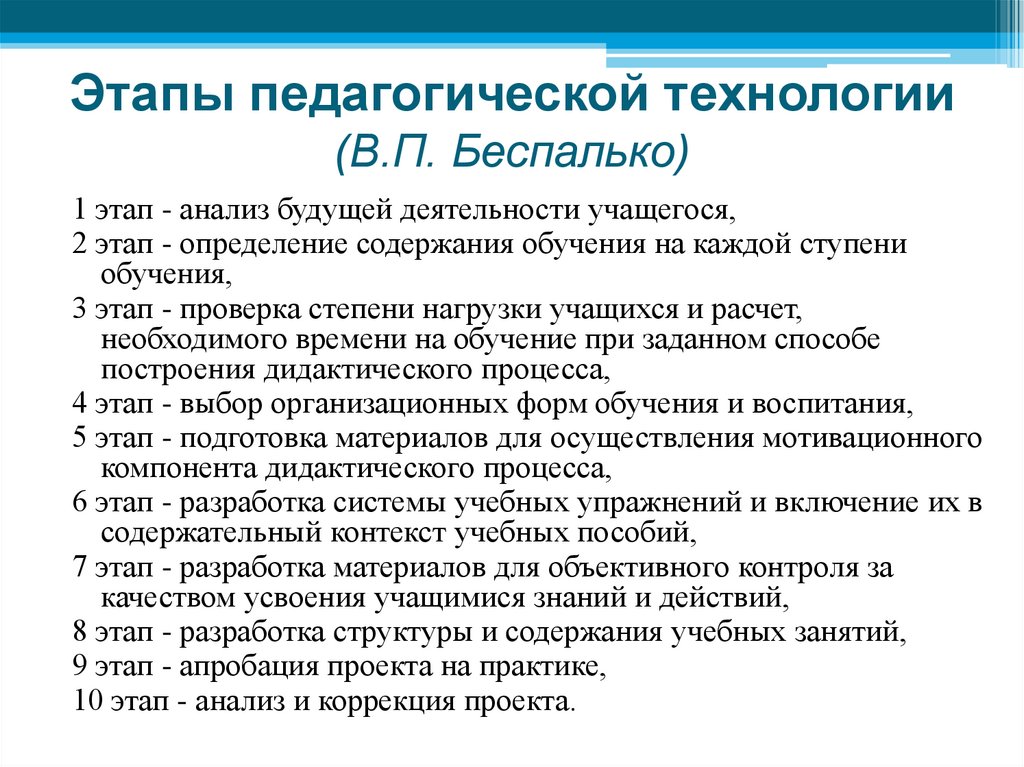 Этапы педагогической технологии (В.П. Беспалько)