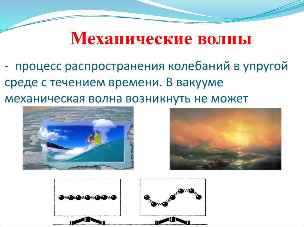 - процесс распространения колебаний в упругой среде с течением времени. В вакууме механическая волна возникнуть не может