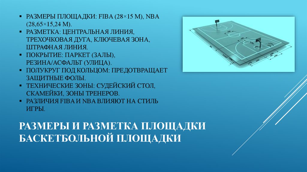 Размеры и разметка площадки баскетбольной площадки